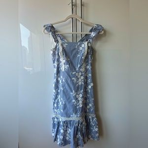 Sam Edelman blue and white stripe dress with floral embroidery